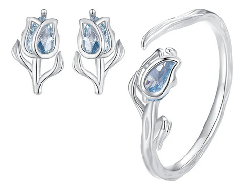 Anillo Y Aretes Set Conjunto Flor Tulipán Azul Plata S925