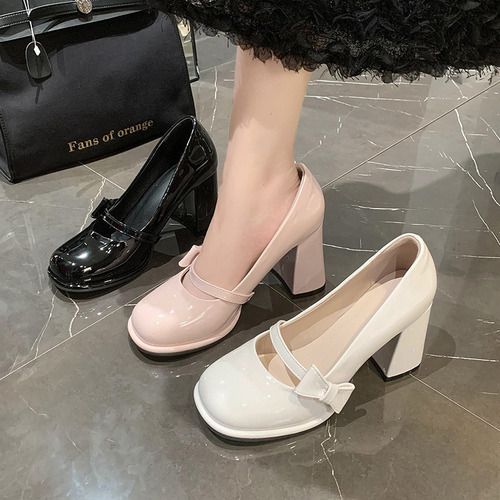 Nuevo Zapatos Mary Jane De Tacón Grueso Con Lazo Francés