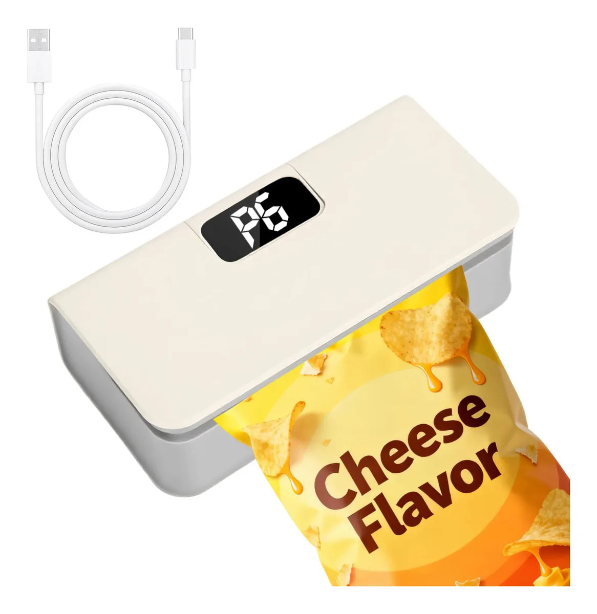 Mini Sellador De Bolsas Recargable Con Pantalla Led Y 6 Engr Blanco