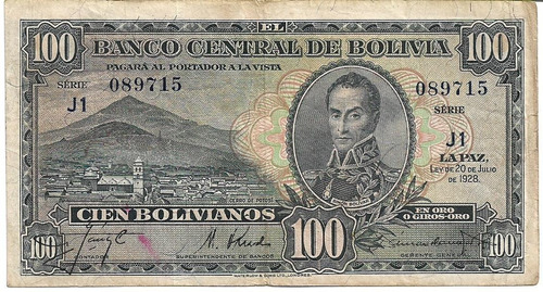 Bolivia 100 Bolivianos 1928 Pick 133(8) Usado