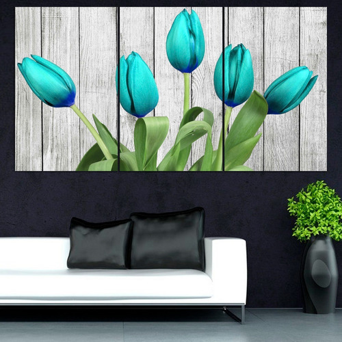 Cuadro Tríptico Flores Tulipanes Turquesas (150x80cm)