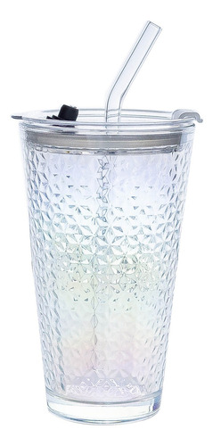 Vaso De Vidrio Tornasolado Con Tapa Y Sorbete 450cc Color Labrado Tornasolado
