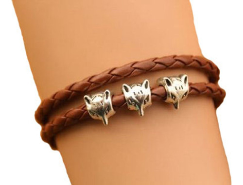 Fox Bracelet,cute Fox Head Charm Bracelet,brown Leather Rop.