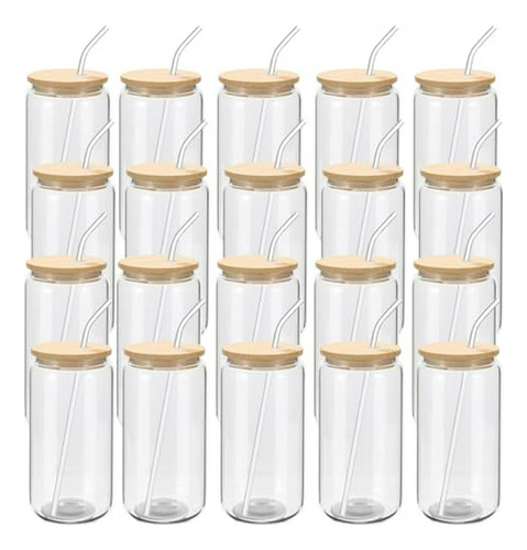 Vasos De Cristal Con Tapa Y Pajita De Bambú - Set De 20