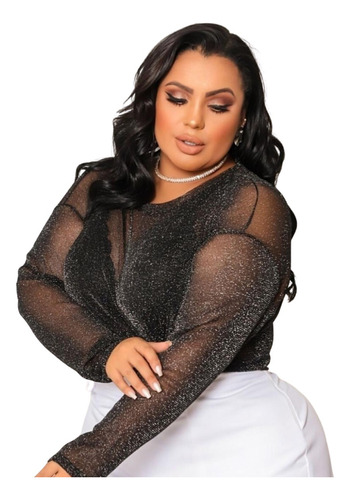 Blusa Plus Size Brilhosa Transparente Em Lurex Premium
