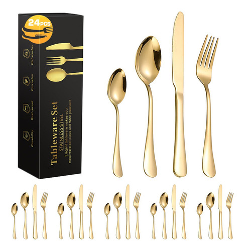 Juego De Cubiertos Acero Inoxidable Dorado Topon 24 Piezas