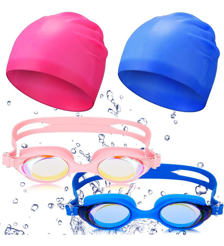 ~? 4 Pcs Niños Gafas De Natación Gorro De Natación, Sin Fuga