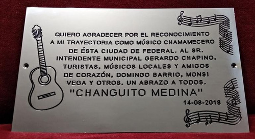 Placa Recordatoria Cementerio 25x15 Bronce Cromado Guitarra