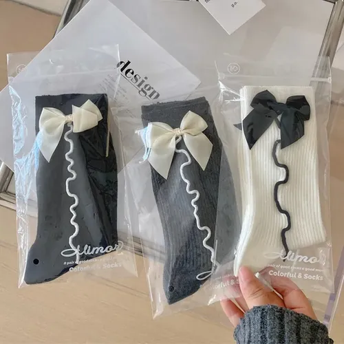 Calcetines De Algodón Con Lazo, Calcetines Medios Dulces, Ca