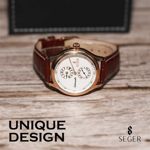 Imagen 4 de 8 de Reloj Hombre Seger 9238 Original Eeuu Cuero Elegante Color De La Malla Marrón Color Del Bisel Rosa Metalizado