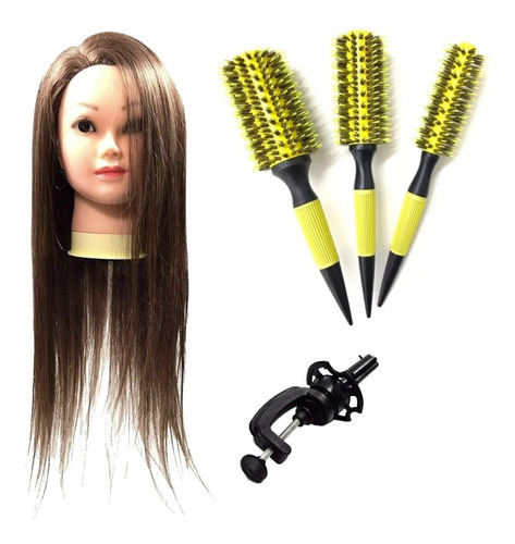 Cabeça De Boneca Mista + Kit Escova Térmica Profissional Cor Amarelo