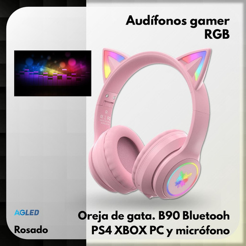 Audifonos Gamer Rosado Rgb Oreja De Gata B90 Bluetooh 2.4ghz