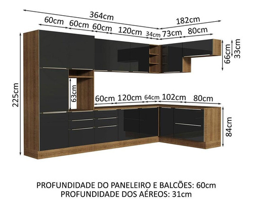 Armário De Cozinha Completa De Canto 546cm Rp Lux Madesa 05 Cor Rustic/Preto
