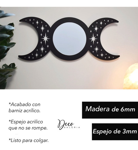 Espejo Triple Luna Black Star Diosa En Madera Bruja Esoteric Marco Negro mate