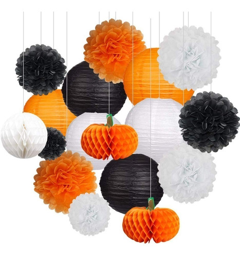 Linternas De Papel Y Pompones Negro, Naranja Y Blanco, 18 Pz