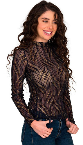 Blusa Moda Mujer Mesh Transparente Manga Larga  V9503-3