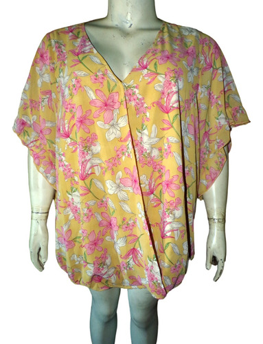 Blusa Coral Claro Y Flores Talla 30 Ame (48/50 Mx) Bloomchic