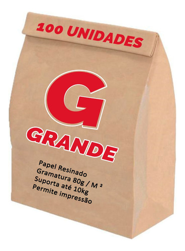 Saco Kraft Delivery Liso G 32x30x19 100un Gramatura 80gr/m²