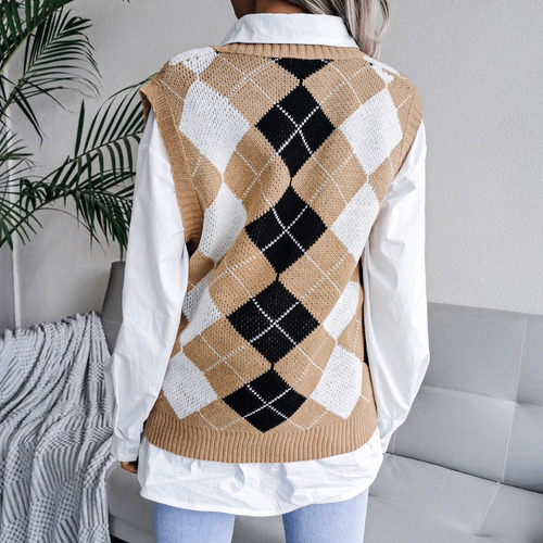 Chaleco De Punto Suelto Casual Con Cuello En V De Rombos