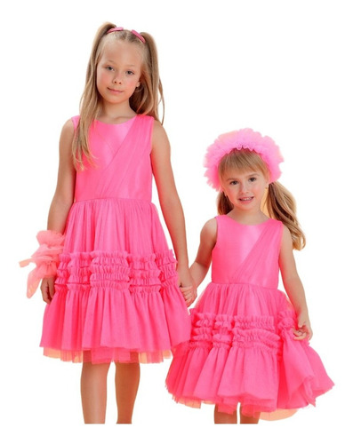 Vestido De Festa Infantil Petit Cherie Neon Rosa Flúor 21364