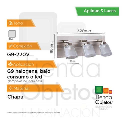 Imagen 2 de 7 de Aplique Baño Inoxidable Pared 3 Luces Vidrio Platil G9 Led