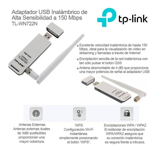 Imagen 6 de 8 de Receptor Wifi Tp-link Tl-wn722n Antena 150 Mbps Internet Pc