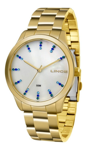 Relogio Feminino Dourado Lince Fundo Madre Pérola