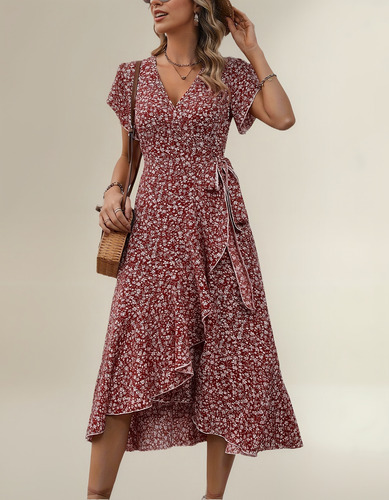 Vestido Midi Bohemio Floral Para Mujer Con Cuello En V Y Cin
