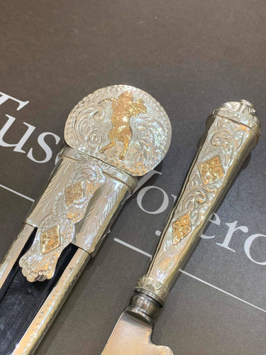 Imagen 5 de 5 de Cuchillo Criollo Completo, En Plata Y Oro. Hoja 16 Cm. Tuset
