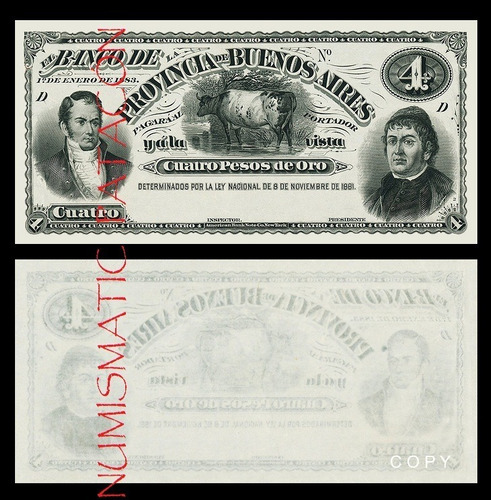 Billete 4 Pesos De Oro 1883 Buenos Aires - Copia 537p