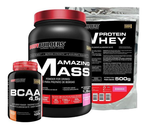 Kit Amazing Mass 1,5kg +whey Protein 500g Morango +bcaa 100g