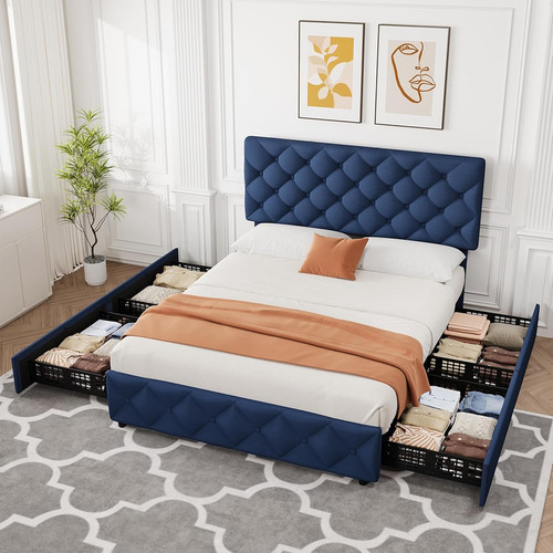 Base De Cama Matrimonial Idealhouse Tapizada En Lino Azul