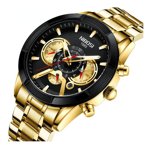 Reloj Nibosi Con Cronógrafo Luminoso Y Resistente Al Agua Pa Color Del Bisel Gold/negro