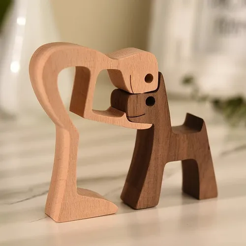 Figura Madera Hombre Con Perro Para Decoración Hogar Casa