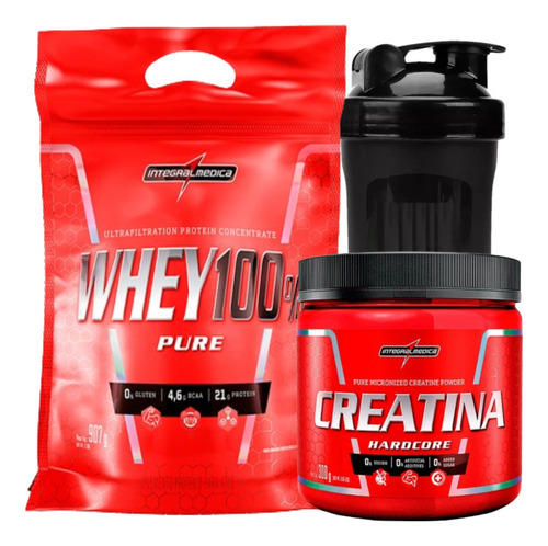 Whey 100% 900g + Creatina Integral Médica 300g +coqueteleira Sabor Morango