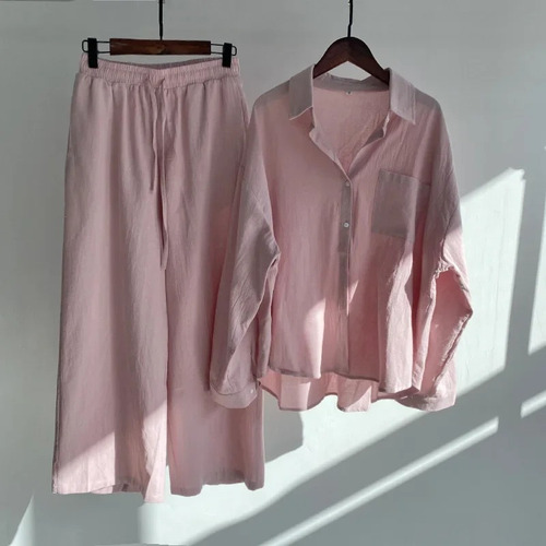 Conjunto De Camisa Y Pantalones De Lino Y Algodón Para Mujer