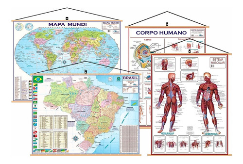 Kit 3 Mapas Banner Pendurar Mundi Brasil Corpo A Escolher