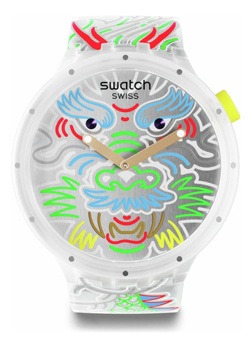 Reloj Swatch Dragon In Cloud Sb05z102 Correa Transparente Bisel Transparente Fondo Gris