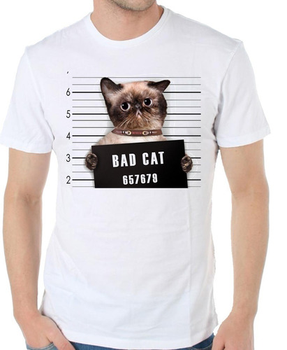 Remera De Hombre Bad Cat Gato Preso Michi Wanted Rebel Persa