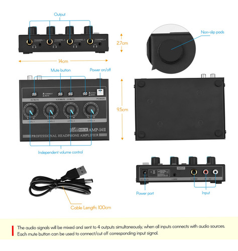 Imagen 4 de 8 de Amplificador De Auriculares Amp-14 De 4 Canales Estéreo Comp