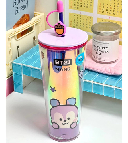 Miniso Vaso Con Tapa Y Popote Bt21 Plástico Tornasol 800ml Lila