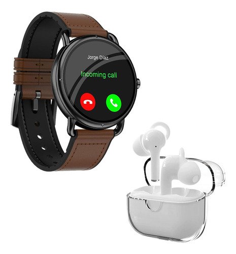 Smartwatch Era One Tacto Piel Cafe Reloj Inteligente Llamadas Asistente de Voz  + Audífonos One Pods Blancos