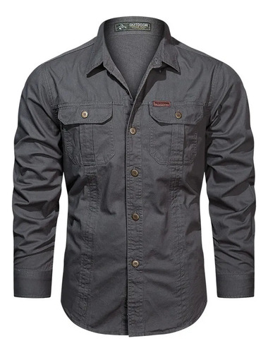 Camisa Militar De Manga Larga Con MĂșltiples Bolsillos Camisa