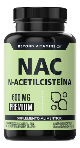 Beyond Vitamins | Nac N-acetil Cisteína 600mg Ultra-premium Con Inulina De Agave (prebiótico Natural) | N-acetyl Cysteine (180 Cápsulas)