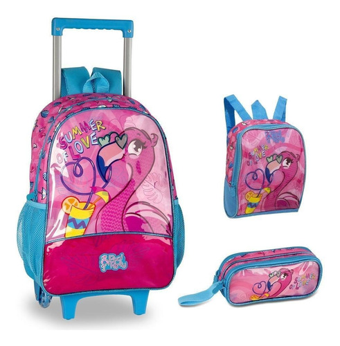 Mochila Rodinha Com Lancheira E Estojo Escolar Flamingos