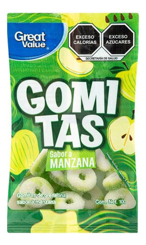 10 Pzas Dulces Gomitas Great Value Aros Sabor Manzana 100 G