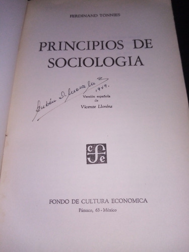 Principios De Sociología. Ferdinand Tonnies. Fondo Cultura E
