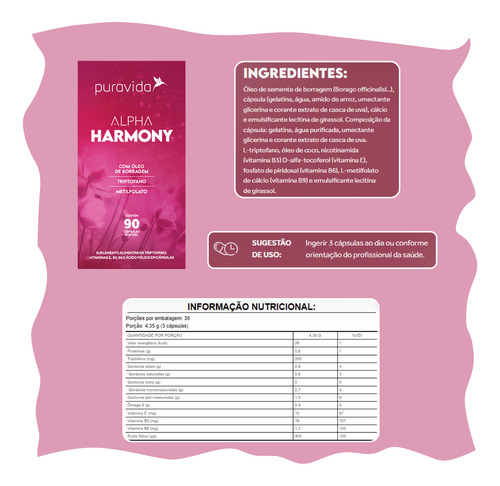 Alpha Harmony Com Óleo De Borragem 90 Cáps - Puravida