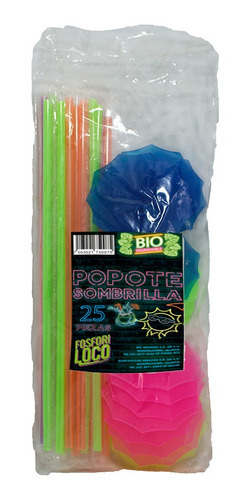 Popote Biodegradable Con Sombrilla Neon 100 Piezas