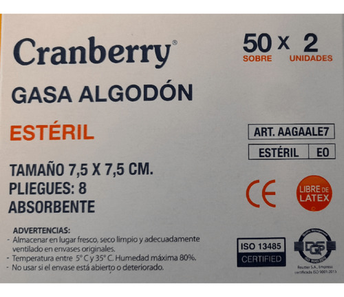 Gasa Algodon 7,5x7,5 Esteril 50 X 2 Un Cranberry- Deltamed